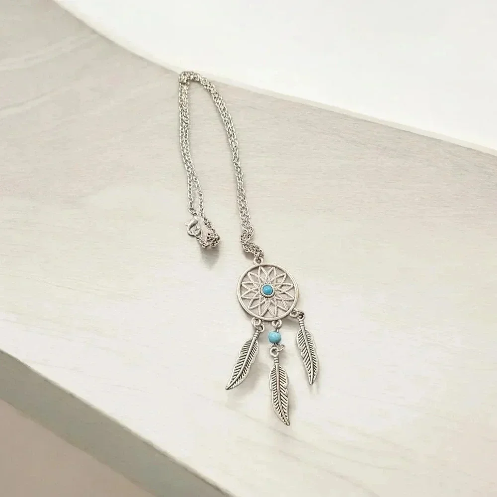 Turquoise Feather Silver Plated Chain Necklace